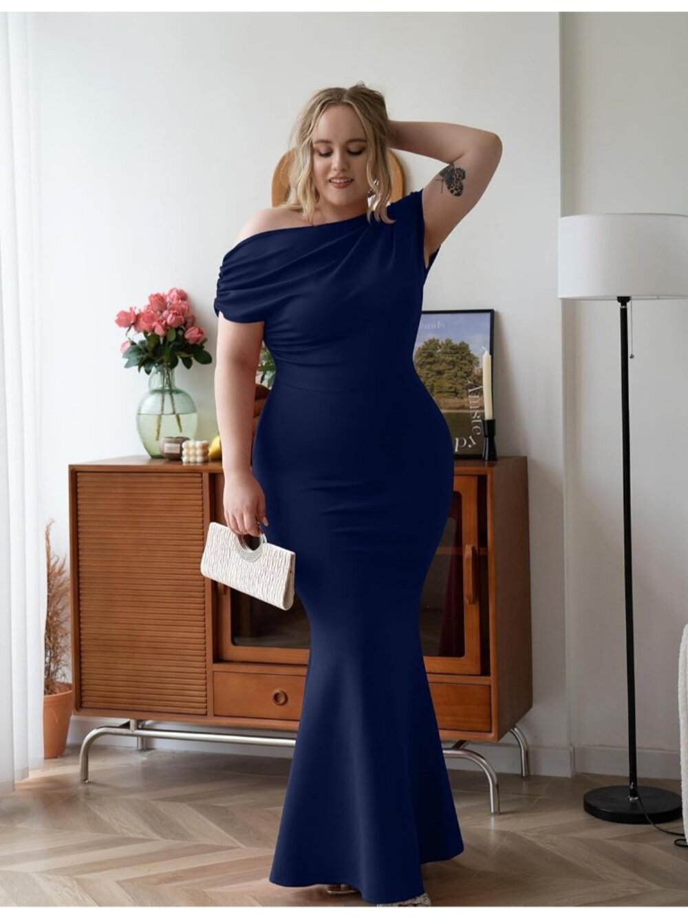 Women's Elegant Sleeveless Off Shoulder Bodycon Navy Long Formal Party Dress - Picture 4 of 7